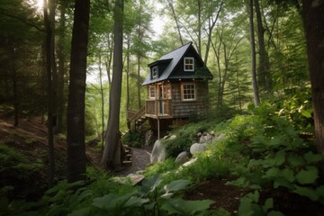 tiny house nestled among the trees, surrounded by natural beauty, created with generative ai