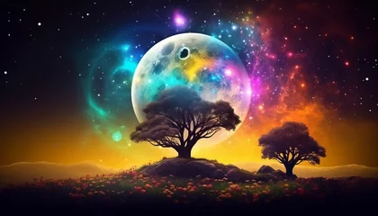 Photo sur Plexiglas Pleine Lune arbre Magical night background with full moon, beautiful rainbow at starry night. Fairytale night astronomy starry night landscape. Dreamy fantasy tree and luna moon in fairy epic composition