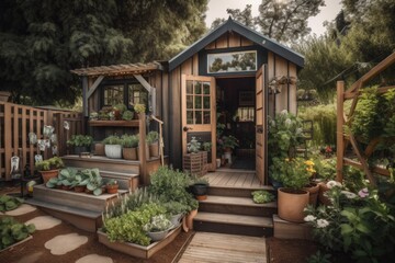 Fototapeta na wymiar tiny home with vegetable garden and herbs for cooking, created with generative ai