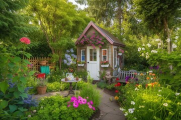 Fototapeta na wymiar tiny house in lush garden, with colorful flowers and greenery, created with generative ai