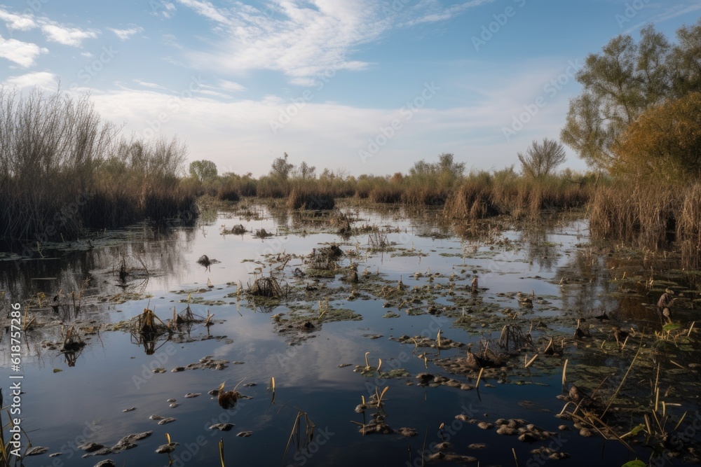 Wall mural flooded marshes, with schools of fish and turtles swimming among the reeds, created with generative ai