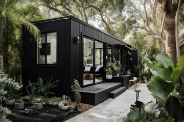 Fototapeta na wymiar tiny house with black exterior and white accents, surrounded by lush greenery, created with generative ai