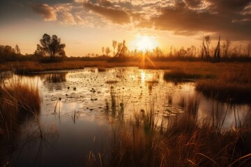 Obraz premium wetlands and marshes, with sunset in the background, bringing calmness to the scene, created with generative ai