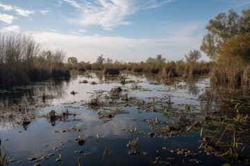 flooded marshes, with schools of fish and turtles swimming among the reeds, created with generative ai