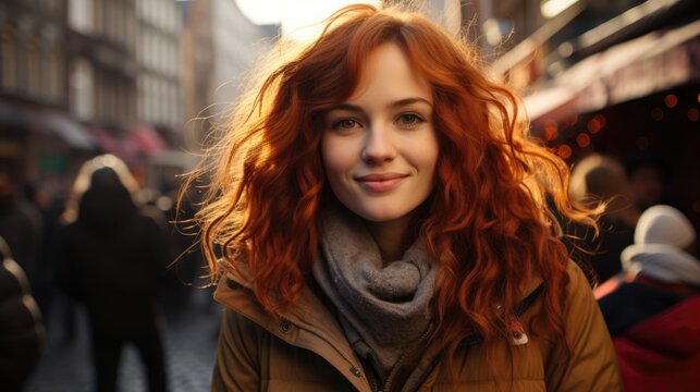 Young woman with red hair in a city