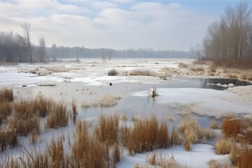 snow-covered wetland and marsh in winter landscape, created with generative ai
