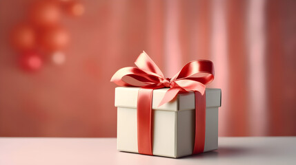 Beautiful white gift box with ribbon and bow on table. Generative AI
