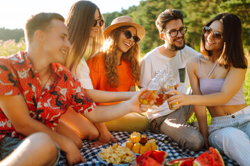 Group of young people  having fun while drinking beer,  talking at picnic party outside city on warm summer day. Vacation, picnic, friendship or holliday concept.