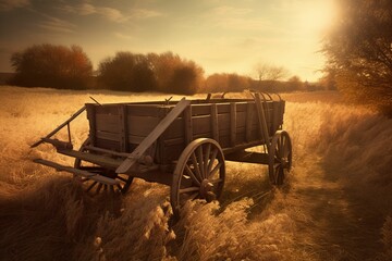 AI generated illustration of An antiquated wooden wagon sits in a sprawling field at the golden hour - obrazy, fototapety, plakaty