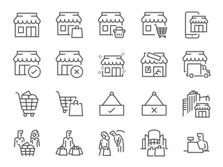 Shop icon set. It included a store, consumer, merchandise, goods, and more icons. Editable Vector Stroke.