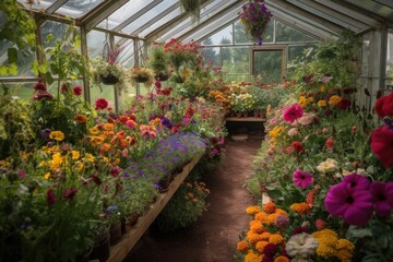 Obraz premium greenhouse filled with vibrant and colorful flowers, created with generative ai