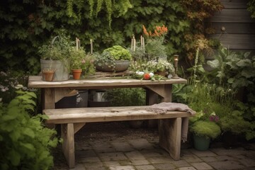 Fototapeta na wymiar rustic garden table with natural elements and inviting settings, created with generative ai