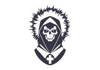 Vector graphic monochrome sticker or icon. Portrait of death with halo and cross. Hooded human skull. White isolated background.