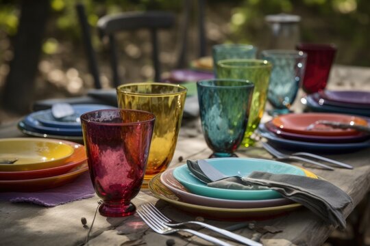 colorful flatware and glassware accentuate the natural beauty of an outdoor table, created with generative ai