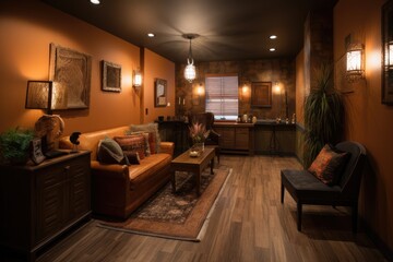 Fototapeta premium warm and cozy reception area with accent lighting, comfortable seating, and unique decor, created with generative ai