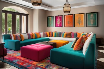 colorful lounge area with plush sofas and coffee tables for guests to relax, created with generative ai