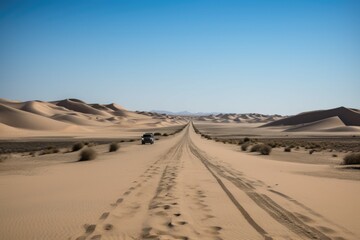 Fototapeta na wymiar road trip across the desert, with endless sand dunes in the background, created with generative ai