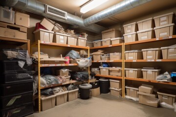storage room, with neatly organized boxes, bins, and furniture, created with generative ai