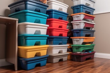 stack of plastic bins for tidy and organized storage, created with generative ai