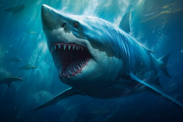 Fototapeta premium A great white shark swimming in the ocean. Generative AI 