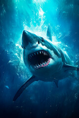 A great white shark swimming in the ocean. Generative AI 