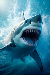 A great white shark swimming in the ocean. Generative AI 
