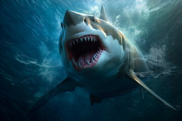 A great white shark swimming in the ocean. Generative AI 