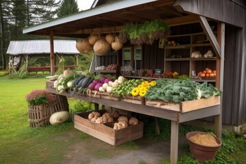 grandmother's vegetable stand, with fresh produce and homemade baked goods, created with generative ai