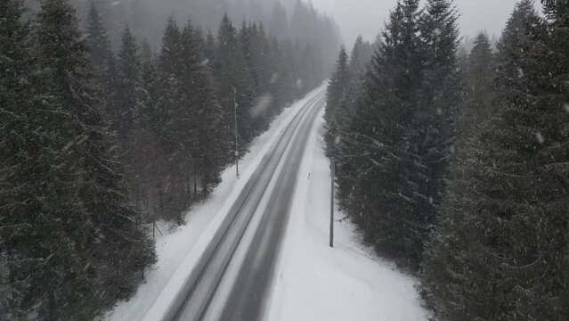 Aerial of the road in the middle of the dense forest during the snowfall on a cold winter day