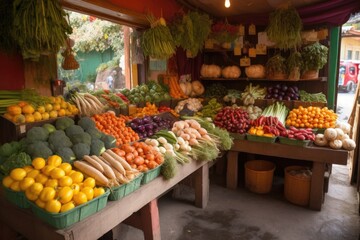 Fototapeta premium colorful vegetable stand, with a variety of fruits and vegetables on display, created with generative ai