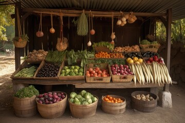a vegetable stand with a variety of fruits and vegetables, created with generative ai