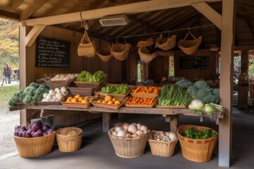 Obraz na płótnie Canvas vegetable stand with baskets of fresh produce and sign, created with generative ai