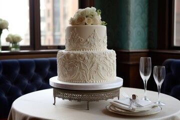 classic white cake with intricate scrollwork and sugar flowers, created with generative ai