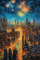 fireworks bursting over a city skyline at night, created with generative ai