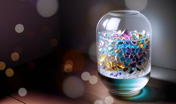 illustrazione Generative Ai con vaso, ampolla in vetro contenete cristalli e gemme su sfondo neutro di luce diffusa