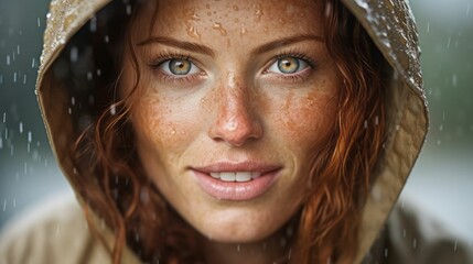Close up of a woman with piercing hazel eyes stands in the rain.Ai-generated - obrazy, fototapety, plakaty