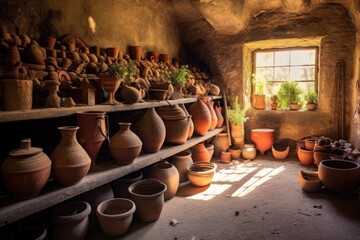 rustic ancient pottery in an archaeological setting, created with generative ai