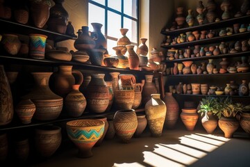 Fototapeta na wymiar sunlight hitting stacked ancient pottery in a museum, created with generative ai