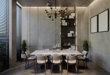 Modern dining room interior design contemporary, with natural tones on the room, walls, floor and ceiling. 3d rendering illustration