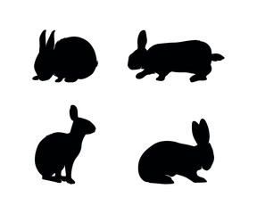 Cute black rabbits Silhouettes set on White Background