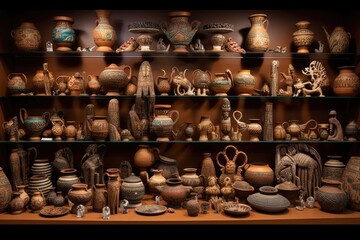 Fototapeta na wymiar display of various ancient pottery pieces, created with generative ai