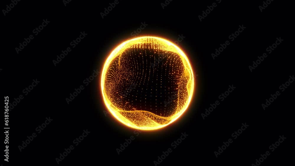 Poster abstract golden sphere with moving points. futuristic technology space style on black background