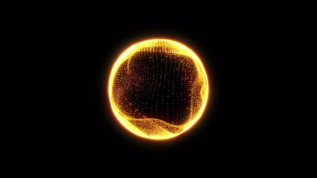 Abstract golden sphere with moving points. Futuristic technology space style on black background