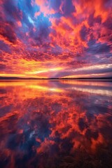 vibrant sunset sky with fluffy clouds, created with generative ai