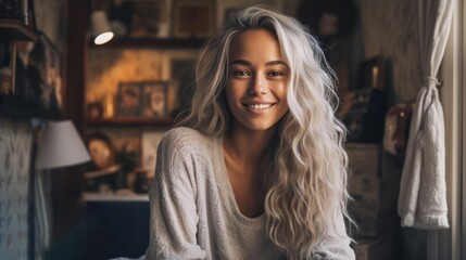 Obraz na płótnie Canvas Smiling young female with long white hair indoors, AI-generated.