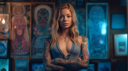 Young woman with tattoos in a tattoo parlor, AI-generated.