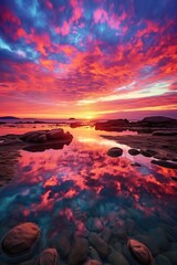 Naklejka premium vibrant sunset over a calm ocean horizon, created with generative ai