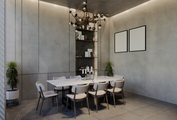 Modern dining room interior design contemporary, with natural tones on the room, walls, floor and ceiling. 3d rendering illustration