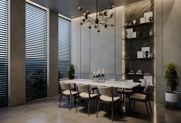 Modern dining room interior design contemporary, with natural tones on the room, walls, floor and ceiling. 3d rendering illustration