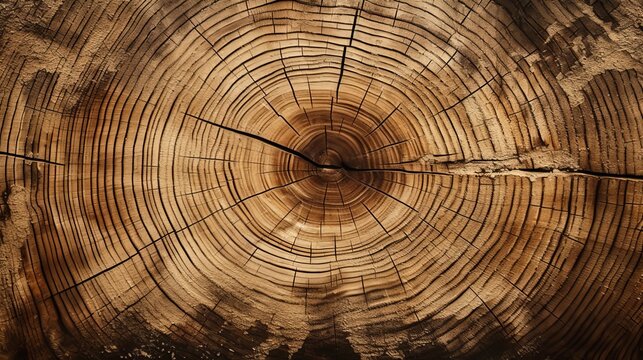 Stump of tree felled - section of the trunk with annual rings. Slice wood Generative AI